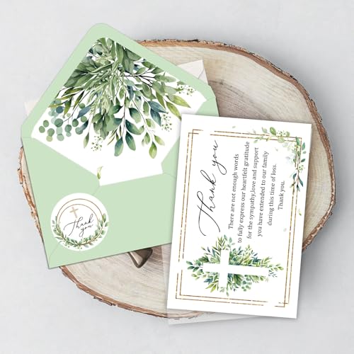 FYSUIMU 24 Pcs Funeral Thank You Cards with Envelopes & Stickers 4×6 Inch Watercolor Eucalyptus Leaves Sympathy Bereavement Card for Memorial Service Family Friends Loved Ones Celebration of Life
