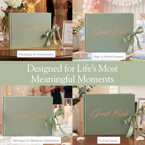 Wedding Guest Book with Keepsake Pocket & Satin Bow Closure Linen Hardcover - color: Sage Green
