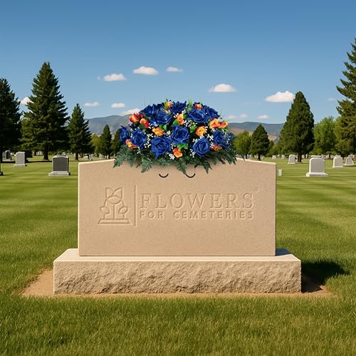 Sympathy Silks - Artificial Flowers for Cemeteries - Blue Open Roses and Orange Rose Buds - (1) Headstone Saddle - color: Blue/Orange