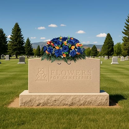 Sympathy Silks - Artificial Flowers for Cemeteries - Blue Open Roses and Orange Rose Buds - (1) Headstone Saddle - color: Blue/Orange
