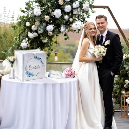 Wedding Card Box with Lock, White Reception Box for Cards & Envelopes | Strong Security Gift Card Box for Wedding Decorations, Romantic Floral Wreath Design, Large Capacity Card Boxes with Sign
