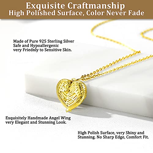 Bestyle Sterling Silver Heart Locket Necklace for Women, Dainty Cute Small Heart Locket Pendant in Gold/Rose Gold/Silver, Love Statement Jewelry Gift for Mother Wife - color: D1. Angel Wing-Gold-Locket Only, NO Custom