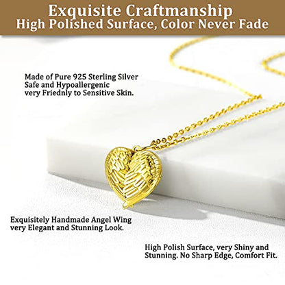 Bestyle Sterling Silver Heart Locket Necklace for Women, Dainty Cute Small Heart Locket Pendant in Gold/Rose Gold/Silver, Love Statement Jewelry Gift for Mother Wife - color: D1. Angel Wing-Gold-Locket Only, NO Custom