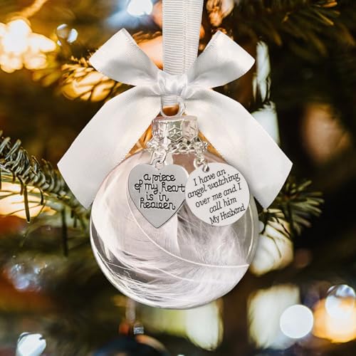 Clear Christmas Memorial Ornaments Feather Ball for Christmas Tree Decorations in Memory of Loved One Charm A Piece of My Heart is in Heaven Loving Memory Gifts for Loss of Husband - color: Husband