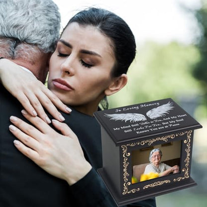 Wooden Urn Box for Ashes Cremation Urns for Human Ashes Adult Male or Female, Memorial Keepsake Urns with Photo Frame, Funeral Casket for Men Women, Burial Urn for Adults Up to 200 IBS-Wing - size: Wing