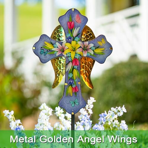 Solar Cross Garden Stake Lights,Metal Angel Wing & Acrylic Flowers Cross Solar Christmas Lights Outdoor,Waterproof Memorial Garden Decor for Cemetery,Grave,and Remembrance Gifts