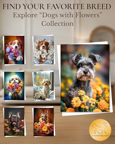 Schnauzer with Yellow Flowers All Occasions Greeting Card from Unique Dogs Party Delights Collection Large 5x7 Inch Blank Inside with Envelope | 5x7 Inch Card, Blank Inside, Premium Silk Cardstock, Made in USA by USA-Based Pet Friendly Small Business, by