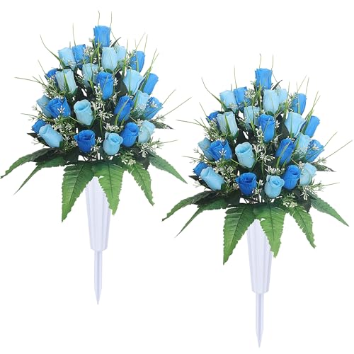 Artificial Cemetery Flowers with Vases 2 Sets Memorial Rose Bouquets for Outdoor Grave Decorations (Blue) - color: Blue