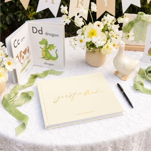 Wedding Guest Book, Polaroid Photo Guestbook for Baby Shower | Table Sign Included, Gold Stamping, Hardcover, 9x7.5", Perfect for Bridal Party & Baby Shower, Beige - color: Beige