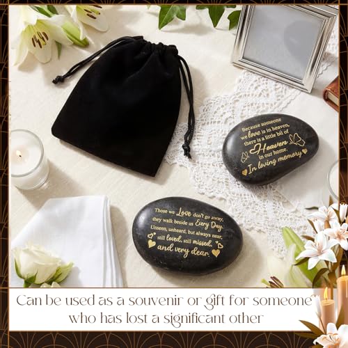 2 Pcs Memorial Stone 3.15 Inch with 2 Velvet Bag Celebration of Life Favor Inspirational River Rock Engraved in Loving Memory Funeral Favor Decoration for Father's Day Dad Gift