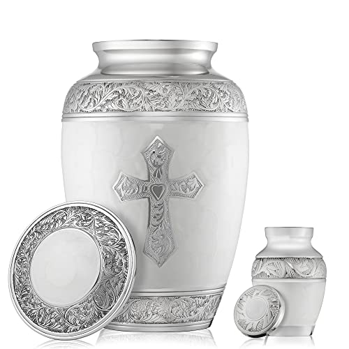 Reminded Set of 5 Engraved Cross Cremation Urns for Human Ashes - 1 Brass Adult + 4 Keepsake Token Size, White - color: White