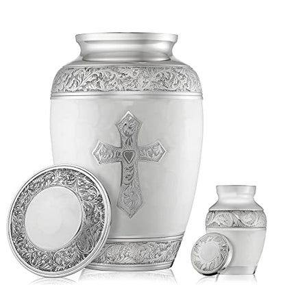 Reminded Set of 5 Engraved Cross Cremation Urns for Human Ashes - 1 Brass Adult + 4 Keepsake Token Size, White - color: White