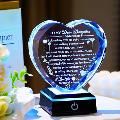 YWHL Gifts for Daughter with Colorful LED Base Best Daughter Birthday Gifts from Mom Dad Heart Crystal to My Daughter Gift on Christmas Valentines Mothers Day - color: Daughter Gifts 2+LED