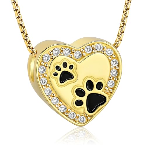Oinsi Pet Cremation Jewelry - Heart Urn Necklaces for Dog Cat Ashes Keepsake Pet Paw Memorial Urn Pendant Ash Holder for Women Men - color: Gold