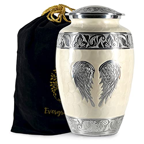Cremation Urns for Human Ashes Adult Female and Male – Large Decorative Burial Funeral Urn with Angel Wings Design, Pearl White - color: Pearl White, size: Single Large