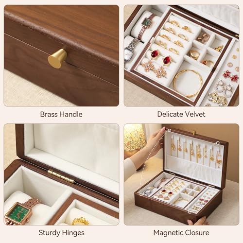 Black Walnut Wooden Jewelry Box, 2 Layer Large Necklace Organizer for Women - color: 2 Layer Large