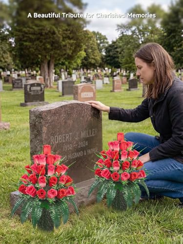 Mirevielyn 2-Pack 24-Stem Artificial Rose Cemetery Flowers with Vases - color: Red (Vivid Tribute)