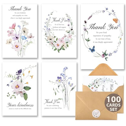 C2U Funeral Thank You Cards with Envelopes(100 Pack 4"x6"),Stickers & Message Inside - Wildflower Bereavement Sympathy Thank You Cards for Funeral Family Friends Loved Ones - color: 100 Flower cards