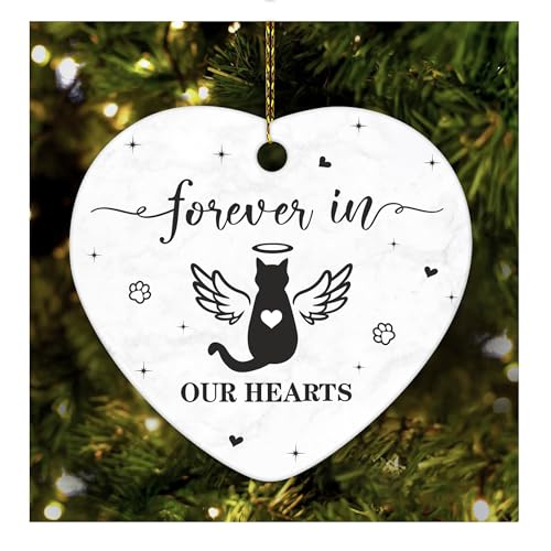 Hyturtle Cat Memorial Heart Ornament - Ceramic Pet Loss Keepsake with Angel Wings - Forever in Our Hearts Remembrance Christmas Ornament for Cat Lovers - 3 Inch Ceramic Hanging Gift Memorial 7 - color: Memorial 7