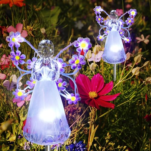 Flumy Angel Solar Lights Outdoor, 2 Packs Purple Solar Powered Garden Stake Lights for Cemetery Grave Decoration, Memorial Gifts for Yard Garden Outside Eternal Lawn Lamp Sympathy Gift