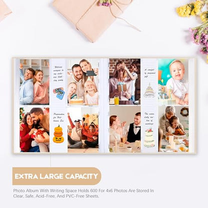 Photo Album 4x6 Vertical 600 Photos with Writing Space, Beige | Linen Cover, Acid-Free Pages, Clear PP Pockets, Memo Writing Space, Front Display Window, Family, Wedding & Travel Memories - color: Beige