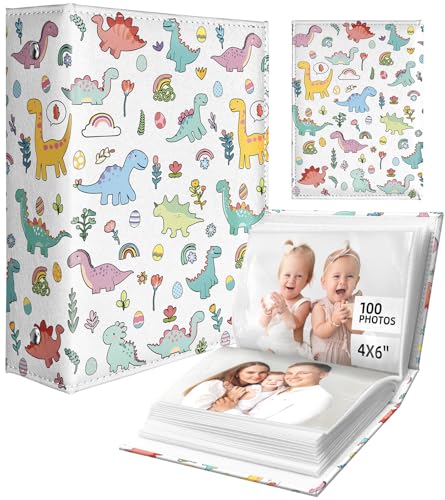 Slohif Photo Album for kids 4x6 Pictures Leather Small Baby Memory Book Keepsake for My First Family 100 Pockets Personalized Photobook for Boys Girls Toddler Travel Birthday Anniversary Dinosaur - style: Dinosaur