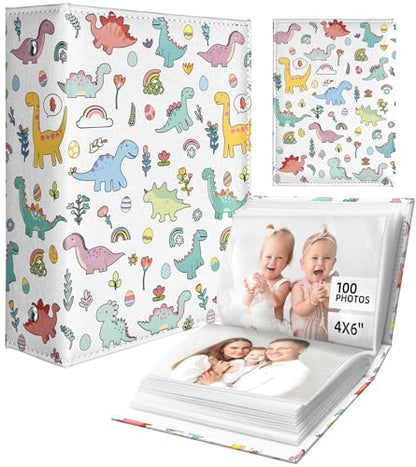 Slohif Photo Album for kids 4x6 Pictures Leather Small Baby Memory Book Keepsake for My First Family 100 Pockets Personalized Photobook for Boys Girls Toddler Travel Birthday Anniversary Dinosaur - style: Dinosaur