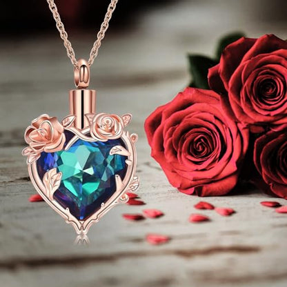 Cremation Jewelry for Ashes Rose Flower Urn Necklace with Crystal Heart Ashes Pendant Butterfly Necklaces for Women Men Memorial Keepsake Jewelry Gift - color: Rose-blue