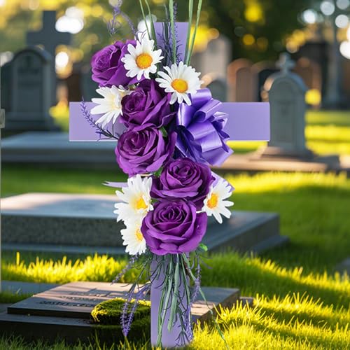 Cross Grave Decorations for Cemetery with Purple Rose | Weather-Resistant, Memorial Cross with Artificial Flower, for Spring Gravesite, Graveside, for Loved Ones, Mom, Dad