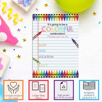 Amanda Creation Colorful Rainbow Crayons themed Birthday Party Fill in Invitations, set of twenty, includes envelopes - style: Rainbow Crayons
