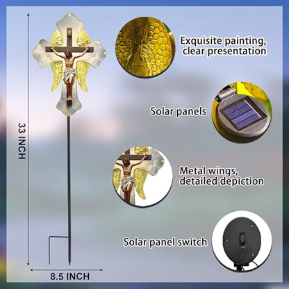 Solar Glass Jesus Cross Outdoor Light Power Stake Tombstone Wings Jesus - color: Jesus