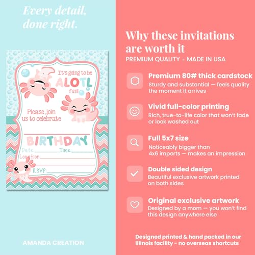 Amanda Creation Axolotl Birthday Invitations for Girls, 20 Pack 5x7 Fill-In Axolotl Party Invitations with White Envelopes, Cute Animal Party Cards, Made in USA - color: Axolotl Birthday Party