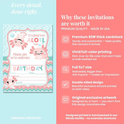 Amanda Creation Axolotl Birthday Invitations for Girls, 20 Pack 5x7 Fill-In Axolotl Party Invitations with White Envelopes, Cute Animal Party Cards, Made in USA - color: Axolotl Birthday Party
