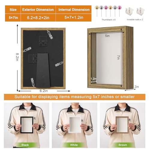5x7 Small Shadow Box Frame with Ultra-Clear Glass & Soft Linen Back | With Push Pins and Stand, Deep 1.2" Brown Shadow Box Display Case – Display on Tabletop or Wall for Photo, Flower, Keepsakes - color: Brown+high Definition Panel + Shatter-proof Packagi