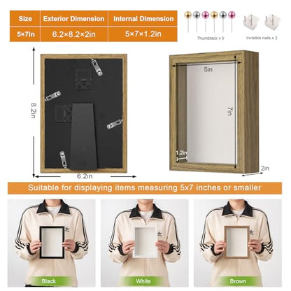 5x7 Small Shadow Box Frame with Ultra-Clear Glass & Soft Linen Back | With Push Pins and Stand, Deep 1.2" Brown Shadow Box Display Case – Display on Tabletop or Wall for Photo, Flower, Keepsakes - color: Brown+high Definition Panel + Shatter-proof Packagi