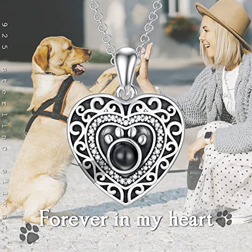 Filigree Dog Paw Urn Locket Necklace 925 Sterling Silver Print Pet Urn Necklace for Ashes Engraved Personalized Cremation Jewelry Pictures Keepsake Memorial Gifts for Women Men - style: D Projection Necklace+Photos