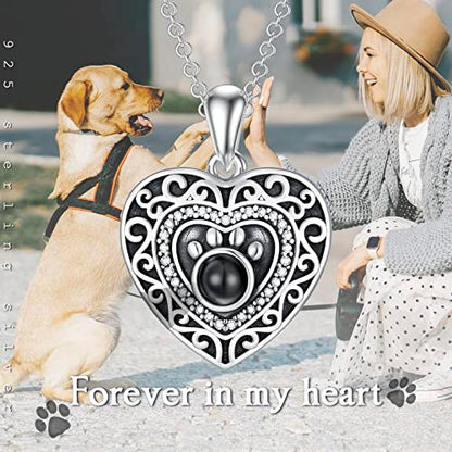 Filigree Dog Paw Urn Locket Necklace 925 Sterling Silver Print Pet Urn Necklace for Ashes Engraved Personalized Cremation Jewelry Pictures Keepsake Memorial Gifts for Women Men - style: D Projection Necklace+Photos