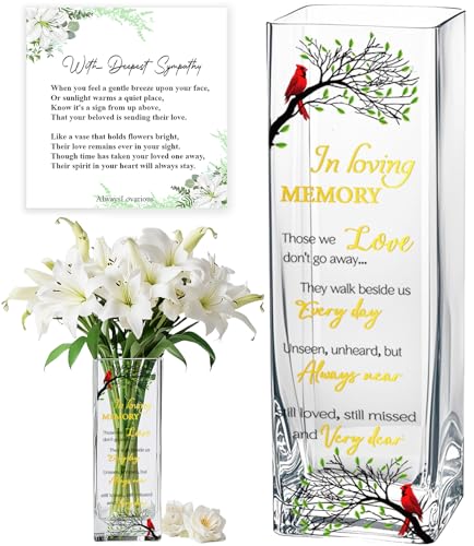 Sympathy Memorial Flowers Vase, Cardinal Grief Gifts for Loss of Love One, Funeral Glass Vase, in Loving Memory Comfort Heaven Gift, Best for Condolence, Bereavement, Remembrance, Celebration of Life