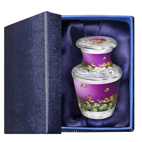 M MEILINXU Small Urn for Ashes, Purple Urns with Butterflies, Keepsake | Small Cremation Keepsake for a Mother or Father, Mini Memorial for Family Sharing, Gifting, Travel or Personal Remembrance - color: Purplish Red, size: Small / Keepsake