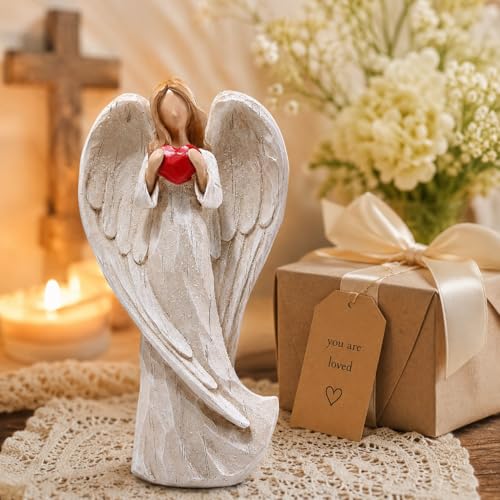Hodao 8.75inch Resin Praying Angel Sculpture Figurine, with Hear | Exquisitely Carved, Hand-Painted Characters, For Gifts Home Decoration, Praying Commemorating Angel Statue - style: with heart