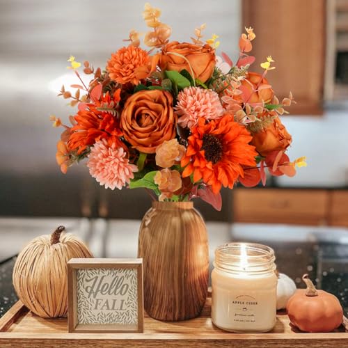 17PCS Fall Flowers Sunflowers Artificial Flowers Fake Rose with Mums - color: Orange
