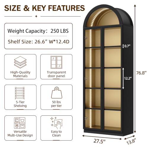 Wildhome Wooden Curio Cabinet with Acrylic Glass Door,77" Tall Arch Display Cabinet & Perfume Organizer with LED Light,Showcase for Collections,Perfume,Vinyl Albums,Bookcase - color: Black