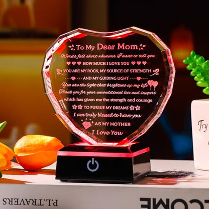 Arikyrist Gifts for Mom with Colorful LED Base Moms Birthday Gifts from Daughter Son to My Mom Gift Crystal Heart Keepsake Best Mother Presents Idea for Christmas Mother's Day Valentine - style: Mom Gifts + Light Base