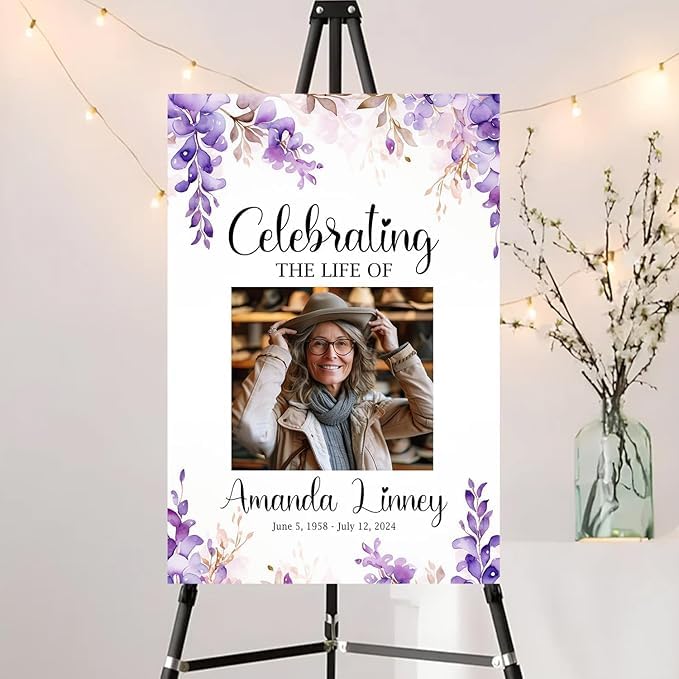 Personalized Funeral Welcome Sign - Funeral Welcome Sign For Women - Purple Celebration of Life Sign - In Loving Memory Sign - Purple Flower Funeral Sign Personalized - Custom Poster, Celebration Of Life Decor - Picture Boards For Funeral