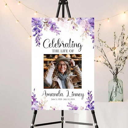 Personalized Funeral Welcome Sign - Funeral Welcome Sign For Women - Purple Celebration of Life Sign - In Loving Memory Sign - Purple Flower Funeral Sign Personalized - Custom Poster, Celebration Of Life Decor - Picture Boards For Funeral