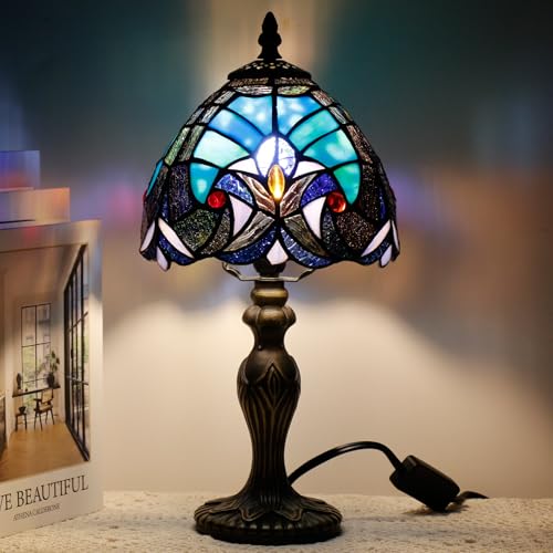 Small Tiffany Stained Glass Table Lamp,Green | Mini Desk Accent Light, Bedroom Bedside Reading, Antique Style Decor, 8X15 Inches - color: Green