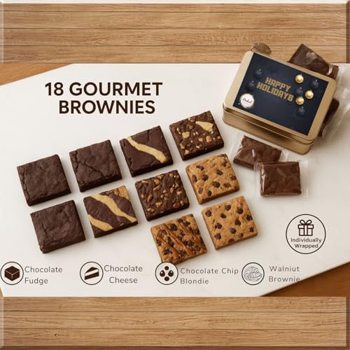 Holiday Gift Baskets - 18 Individually Wrapped Brownies Freshly Baked in a Variety of Flavors - Dulcet's Signature Flavored Fudge Brownies Christmas Gift Baskets for Families - Gift Box Comes with Season Greetings Card - style: Holiday