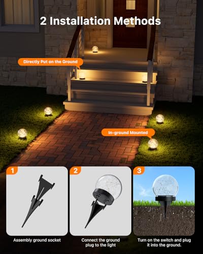 4 Pack 4.72" Warm White Solar Powered Cracked Glass Globe LED Light | Outside Waterproof Decorative Table Ball Lamps, for Garden, Step, Yard, Deck, Pathway, Backyard Decoration Easy to Install - size: 4.72 Inch