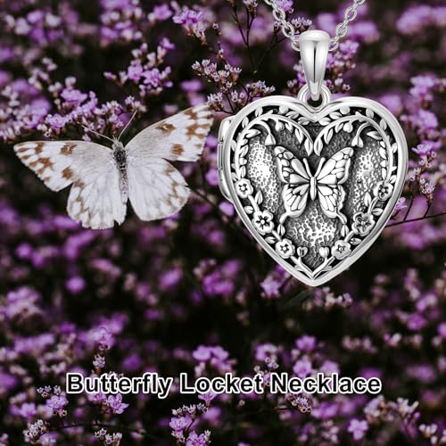Heart Locket Necklace 925 Sterling Silver Custom Photo Pendant That Holds Pictures Memorial Jewelry Gifts for Women Mom Daughter - color: Butterfly, style: 3-photo&text customized