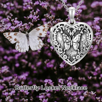 Heart Locket Necklace 925 Sterling Silver Custom Photo Pendant That Holds Pictures Memorial Jewelry Gifts for Women Mom Daughter - color: Butterfly, style: 2-personalized photos